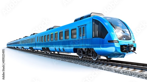 City electric blue train long train composition from wagons, isolated on white background