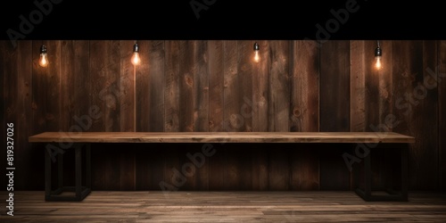 Old planks wall and table with light empty space. Vintage wooden background and spotlight showroom