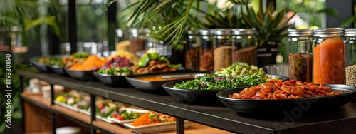 Buffet with range of chili condiments and sauces for customizing plates at sleek modern setting