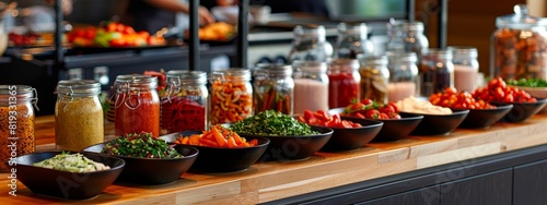 Sleek modern buffet featuring a range of hot chili sauces for guests to personalize their meals