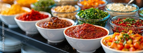 Buffet setup with a range of chili condiments and sauces for guests to customize their meal plates