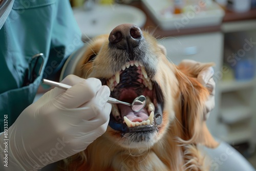 Dog at the dentist's appointment. The dentist checks the dog's teeth health in the veterinary office. Pet insurance and care, pet health, oral and dental care for dogs