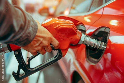 Hand fueling red car at gas station