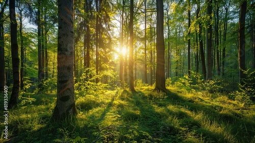  Sunlight filters through green-grassed trees, casting light on tall, slender trunks