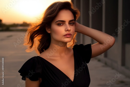 Portrait of a young and elegant young woman in a black dress illuminated by the rays of the evening sun