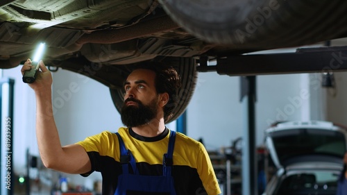 Meticulous technician underneath vehicle on overhead lift in garage, checking parts. Expert using work light to make sure automotive underbody is in flawless condition, doing close examination