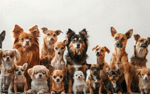 A diverse group of dogs, ranging from small to large, in various poses.