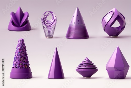Set of abstract purple geometric 3-dimensional elements in conic shape, purple color, isolated on white 