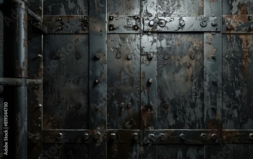 Dark, weathered metal panels in a dimly lit room.