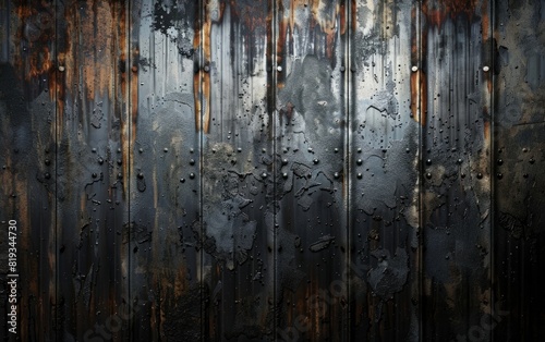 Dark, weathered metal panels in a dimly lit room.