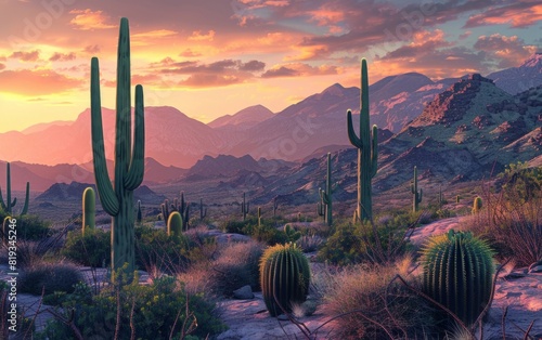 Desert landscape with towering cactus and rugged mountain backdrop at sunset.