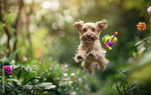 Dog joyfully leaping with a colorful toy in a lush garden.