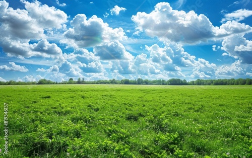 Vast verdant meadow under a dynamic blue sky with fluffy clouds.