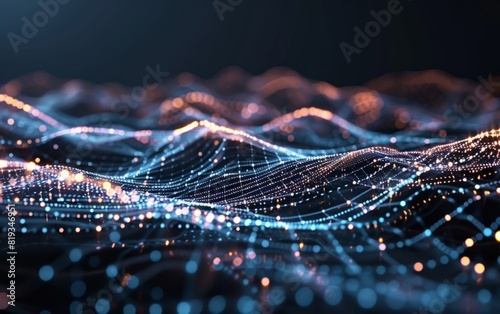 Luminous digital landscape with interconnected nodes and flowing lines on a dark background.