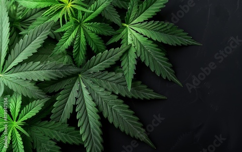 Lush green cannabis leaves against a dark background.