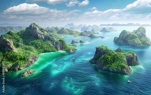 Lush green islands in a tranquil turquoise sea under a bright sky.