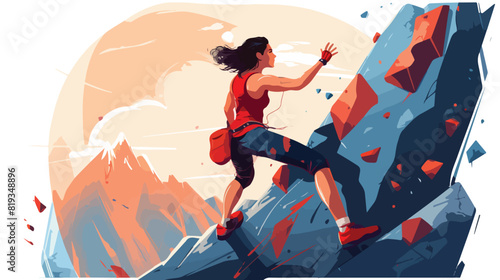 Woman climbing the wall in boulder gym flat vector