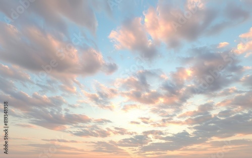Expansive sky with soft clouds bathed in warm sunset hues.