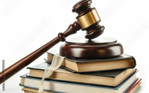 Wooden gavel on a stack of books against a white background.