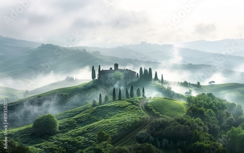 Misty hills with a lone house, surrounded by lush greenery and cypress trees.