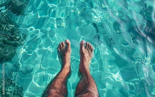 Overhead view of feet dangling over crystal-clear turquoise water.