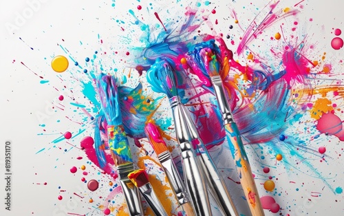 Paintbrushes with vivid paint splatters on a white background.