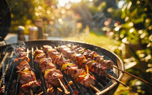 Grilling skewers and meat outdoors on a sunny day with friends nearby.