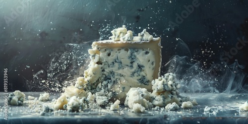 A wedge of blue cheese on a table with smoke coming off of it. AIG51A.