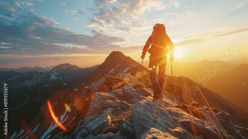 hiker reaching the summit of a mountain during sunrise