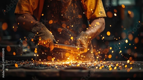 A blacksmith forging metal in a traditional workshop, sparks and detailed craftsmanship, promoting traditional skills and history