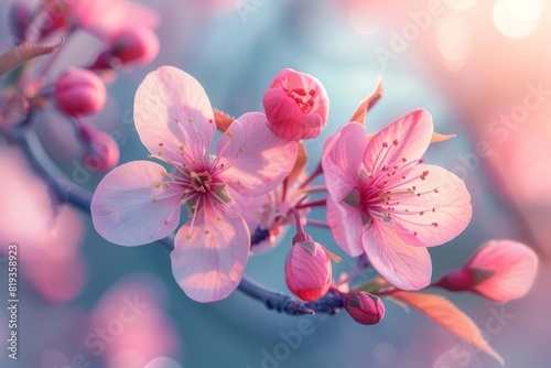 A blossoming cherry tree in a spring garden, detailed petals and bright light, promoting the beauty of spring and renewal