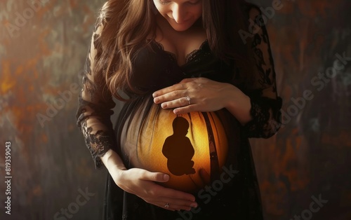 Pregnant woman gently holding her belly with a baby silhouette inside.
