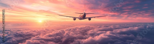 A commercial airplane soaring above the clouds at sunrise, detailed aircraft and sky, promoting aviation and global travel