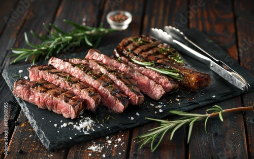 Sliced grilled steak on a dark slate board with rosemary.
