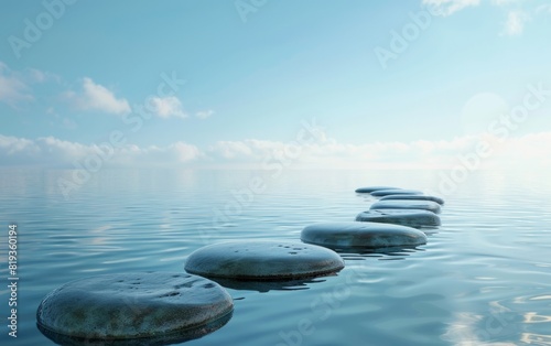 Smooth stones lined up on a serene water surface under a soft blue sky.