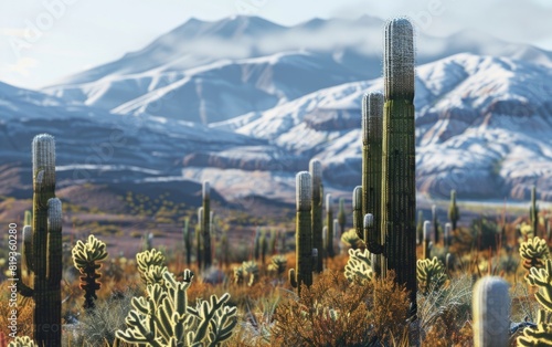 Snow-dusted mountains tower behind a desert with towering cacti.