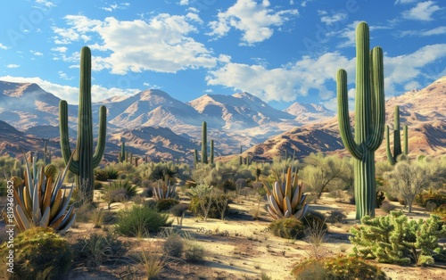 Sunny desert landscape dotted with tall cacti and rugged mountains under a blue sky.