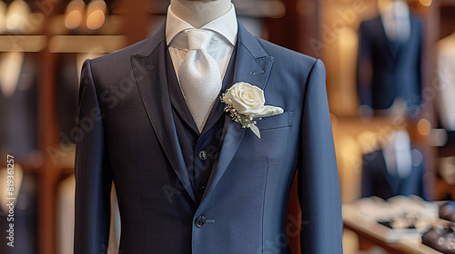 complete groom men's wedding suit with a white flower bud. in a modern sales hall or outfit rental salon