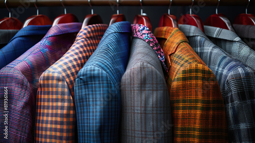 close-up photography of men's varied patterns suits, hanging in a closet