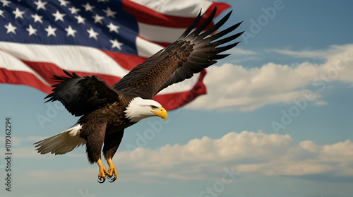 Digital composite: American bald eagle and flag is underlaid with the handwriting of the US Constitution. Genrative.ai 