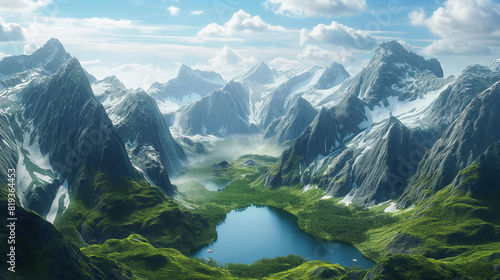 scene of majestic mountains, with snow-capped peaks reaching towards the sky and verdant valleys below, interspersed with clear blue lakes reflecting the grandeur of nature