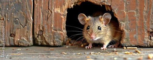 A mouse cautiously emerging from a small hole in a rustic wooden wall