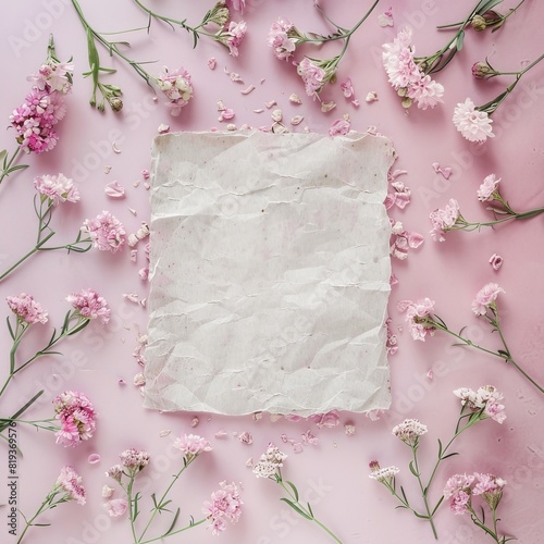 full frame professional mockup photo of top view angle gradient old paper in center + background with floral margins, light ghraphite + light pinkdetailed