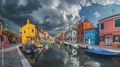 Cloudy view of the streets of Burano island, famous Venice landmark, Veneto region, Italy.