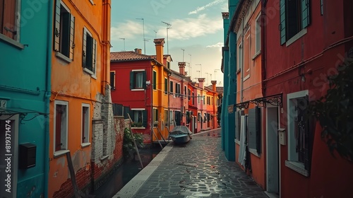 Cloudy view of the streets of Burano island, famous Venice landmark, Veneto region, Italy.