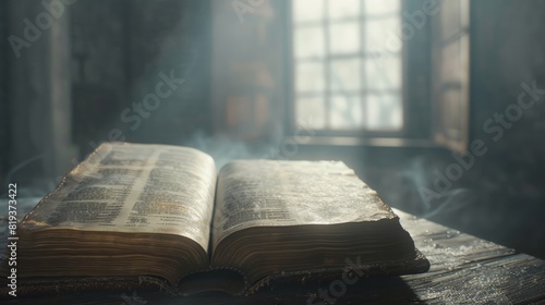 old open bible, ultra-photorealistic cinematic atmosphere, dynamic dutch angle shot