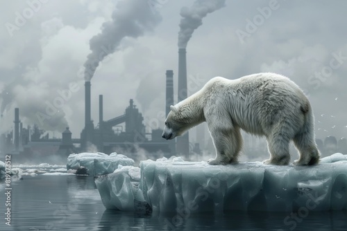 Stranded polar bear on a melting iceberg with distant industrial smokestacks, illustrating climate change impact on wildlife