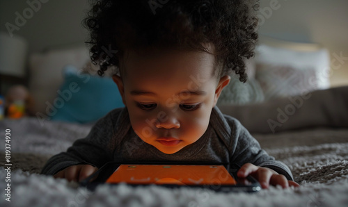 Young black toddler playing interactive games on smart tablet device. Baby e-learning with online digital technology. AI generated
