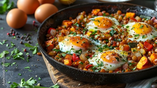 Skillet of shakshuka with poached eggs on a spicy lentil and vegetable mix garnished with fresh herbs, ideal for a savory breakfast or brunch