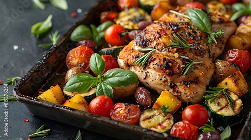 Roasted chicken thighs with mixed vegetables, including cherry tomatoes, zucchini, and potatoes, garnished with fresh herbs